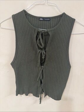 ZARA Olive Ribbed Lace-Up Front Tank